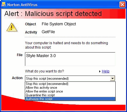 Norton AntiVirus Malicious Script Warning