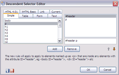 The descendant selector editor